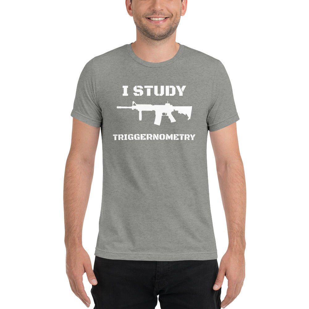 I Study Triggernometry Short sleeve t-shirt with trig logo on back